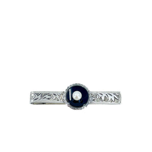 Engraved Black Onyx Deco Men's Japanese Saltwater Akoya Cultured Pearl Tie Bar- Sterling Silver