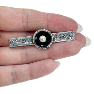 Engraved Black Onyx Deco Men's Japanese Saltwater Akoya Cultured Pearl Tie Bar- Sterling Silver