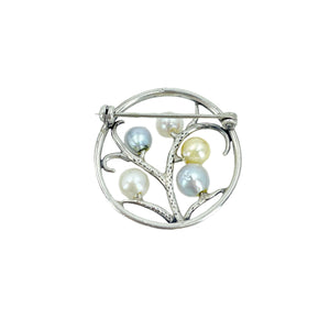 Vintage Handmade Mid Century Blue White Golden Japanese Saltwater Akoya Cultured Pearl Brooch- Sterling Silver