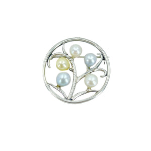 Vintage Handmade Mid Century Blue White Golden Japanese Saltwater Akoya Cultured Pearl Brooch- Sterling Silver
