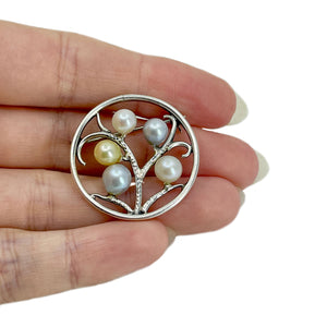 Vintage Handmade Mid Century Blue White Golden Japanese Saltwater Akoya Cultured Pearl Brooch- Sterling Silver