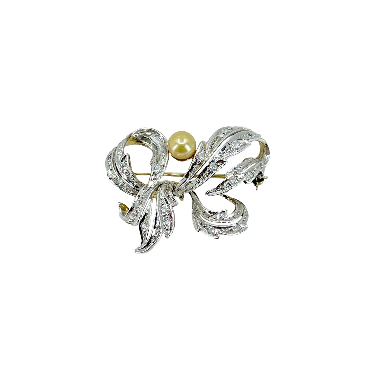 Victorian Two Tone Vintage Golden Japanese Cultured Saltwater Akoya Pearl Brooch- Sterling Silver Gold Plate