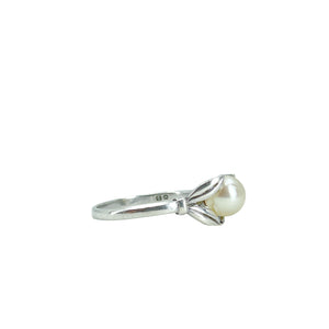 Mikimoto Vintage Leaf Solitaire Japanese Saltwater Akoya Cultured Pearl Ring- Sterling Silver Sz 6