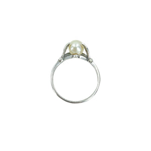 Mikimoto Vintage Leaf Solitaire Japanese Saltwater Akoya Cultured Pearl Ring- Sterling Silver Sz 6