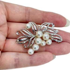 Cluster Modernist Vintage Japanese Saltwater Akoya Cultured Pearl Brooch- Sterling Silver