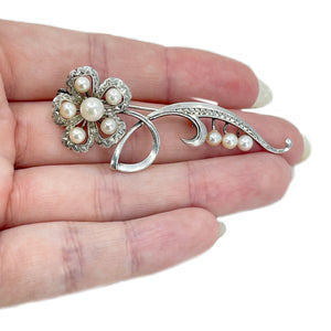 Nouveau Sakura Cherry Blossom Japanese Saltwater Akoya Cultured Pearl Vintage Brooch- Sterling Silver