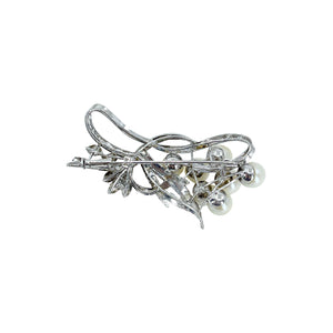 Nouveau Engraved Floral Leaf Japanese Saltwater Akoya Cultured Vintage Pearl Brooch- 14K White Gold
