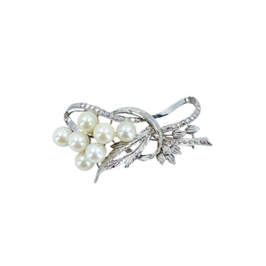 Nouveau Engraved Floral Leaf Japanese Saltwater Akoya Cultured Vintage Pearl Brooch- 14K White Gold
