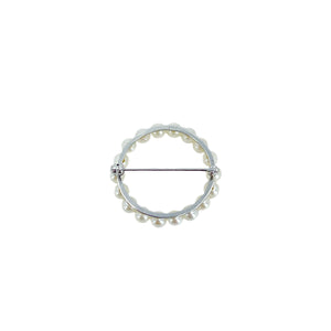 Petite Circle Wreath Modernist Japanese Saltwater Akoya Vintage Pearl Brooch Pin- 14K White Gold
