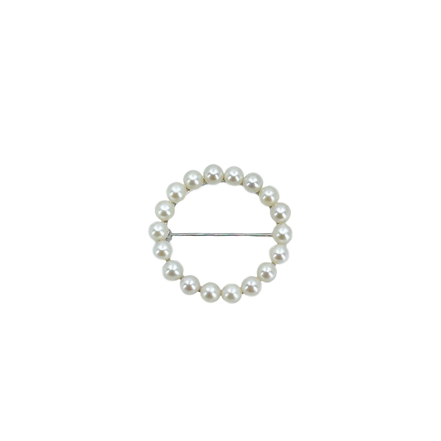 Petite Circle Wreath Modernist Japanese Saltwater Akoya Vintage Pearl Brooch Pin- 14K White Gold
