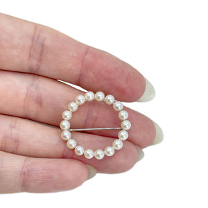 Petite Circle Wreath Modernist Japanese Saltwater Akoya Vintage Pearl Brooch Pin- 14K White Gold