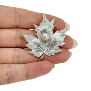 Birks Nach Designer Maple Leaf Akoya Saltwater Cultured Pearl Brooch- Sterling Silver