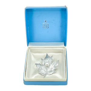 Birks Nach Designer Maple Leaf Akoya Saltwater Cultured Pearl Brooch- Sterling Silver