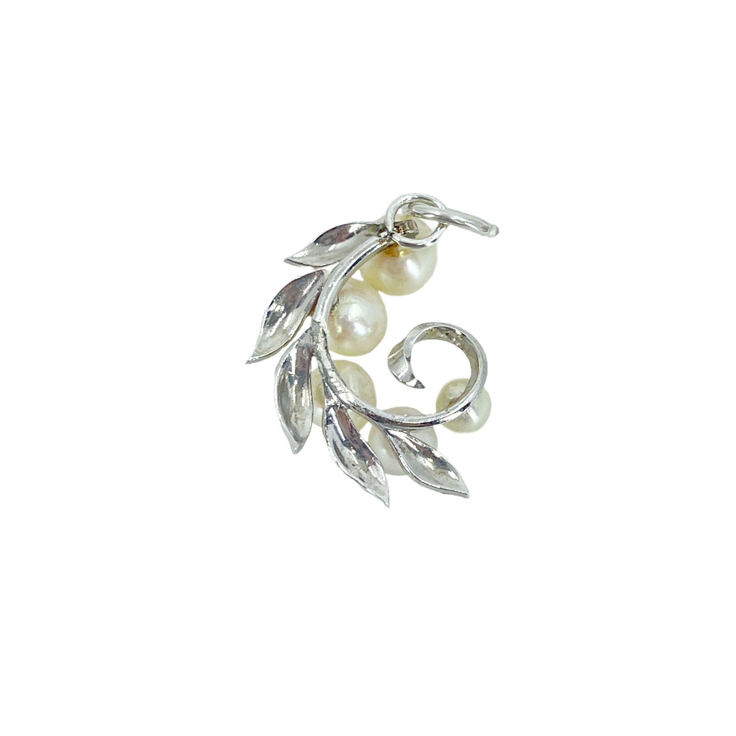 Swirl Leaf Charm Japanese Saltwater Cultured Akoya Vintage Pendant- Sterling Silver