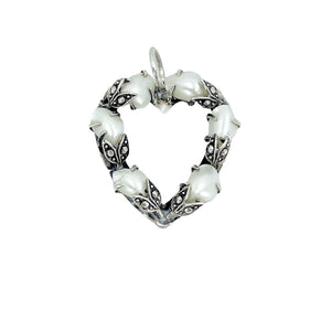 Arts & Crafts Heart Freshwater River Pearl Marcasite Vintage Pendant- Sterling Silver
