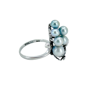 Engraved Grape Cluster Blue Japanese Saltwater Akoya Cultured Pearl Vintage Ring- Sterling Silver 6.50