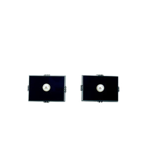Black Onyx Modernist Japanese Saltwater Akoya Cultured Pearl Mens Cufflinks- Sterling Silver