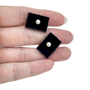 Black Onyx Modernist Japanese Saltwater Akoya Cultured Pearl Mens Cufflinks- Sterling Silver