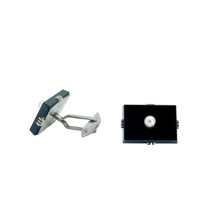 Black Onyx Modernist Japanese Saltwater Akoya Cultured Pearl Mens Cufflinks- Sterling Silver