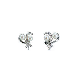 Fuji Pearl Leaf Designer Akoya Saltwater Cultured Pearl Screwback Vintage Earrings Original Box- Sterling Silver