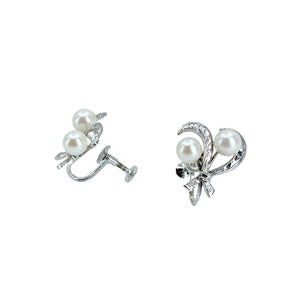 Fuji Pearl Leaf Designer Akoya Saltwater Cultured Pearl Screwback Vintage Earrings Original Box- Sterling Silver