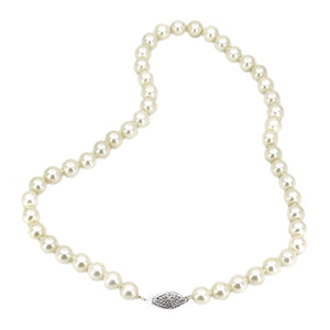 Mid-Century Filigree Choker Cultured Akoya Pearl Vintage Necklace Strand - 10K White Gold 15.75 Inch