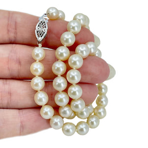Mid-Century Filigree Choker Cultured Akoya Pearl Vintage Necklace Strand - 10K White Gold 15.75 Inch