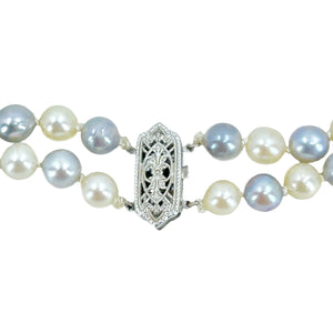 Nouveau Blue & White Baroque Japanese Cultured Akoya Pearl Graduated Double Strand Necklace - 10K White Gold 17.75 & 19 Inch