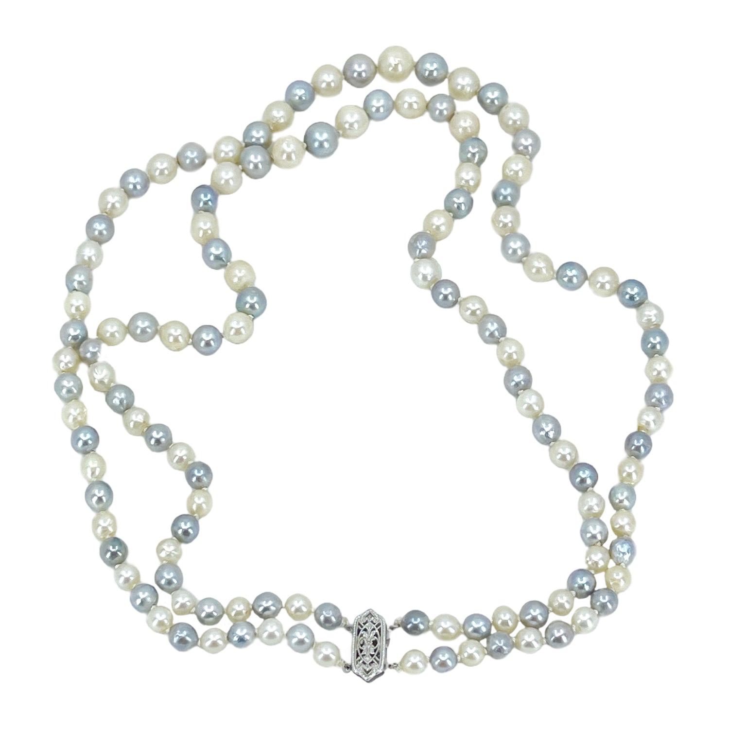Nouveau Blue & White Baroque Japanese Cultured Akoya Pearl Graduated Double Strand Necklace - 10K White Gold 17.75 & 19 Inch