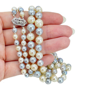 Nouveau Blue & White Baroque Japanese Cultured Akoya Pearl Graduated Double Strand Necklace - 10K White Gold 17.75 & 19 Inch
