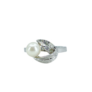 Double Leaf Mid Century Japanese Saltwater Akoya Cultured Pearl Ring- Sterling Silver Sz 7 1/4