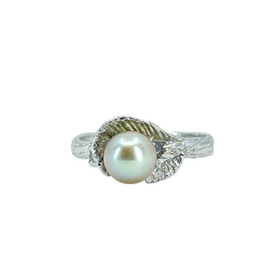 Blue Japanese Saltwater Akoya Cultured Pearl Vintage Leaf Ring- Sterling Silver Sz 7