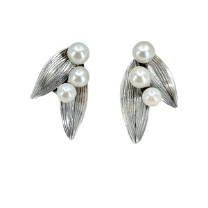 Mings Of Honolulu Bamboo Leaf Vintage Akoya Saltwater Cultured Pearl Pierced Earrings- Sterling Silver