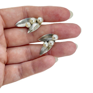Mings Of Honolulu Bamboo Leaf Vintage Akoya Saltwater Cultured Pearl Pierced Earrings- Sterling Silver