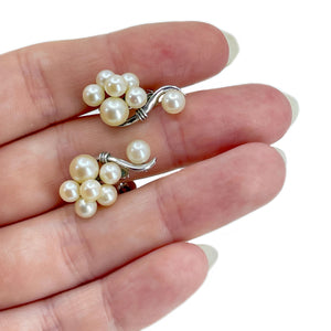 Climber Cluster Vintage Akoya Saltwater Cultured Pearl Screwback Earrings- Sterling Silver