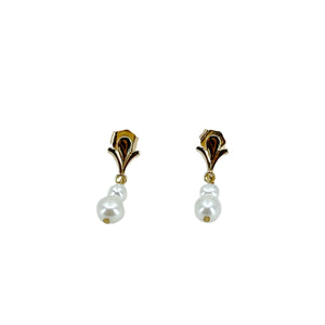 Fleur De Lis Vintage Modern Akoya Saltwater Cultured Pearl Pierced Earrings- 14K Yellow Gold