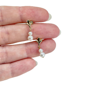 Fleur De Lis Vintage Modern Akoya Saltwater Cultured Pearl Pierced Earrings- 14K Yellow Gold