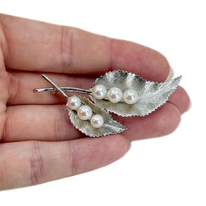 Brushed Leaf Vintage Japanese Saltwater Akoya Cultured Pearl Brooch- Sterling Silver
