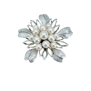 Modernist Atomic Floral Vintage Japanese Saltwater Akoya Cultured Pearl Brooch- Sterling Silver