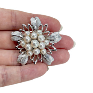 Modernist Atomic Floral Vintage Japanese Saltwater Akoya Cultured Pearl Brooch- Sterling Silver