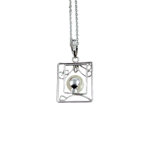 Vintage Modernist Square Japanese Saltwater Akoya Pearl Necklace- Sterling Silver 17 Inch