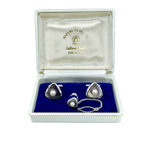 Designer Maruwa Japanese Cultured Akoya Pearl Mother of Pearl Mid Century Cufflinks Tie Tac Set- Sterling Silver