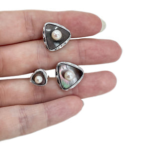 Designer Maruwa Japanese Cultured Akoya Pearl Mother of Pearl Mid Century Cufflinks Tie Tac Set- Sterling Silver