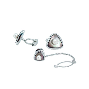 Designer Maruwa Japanese Cultured Akoya Pearl Mother of Pearl Mid Century Cufflinks Tie Tac Set- Sterling Silver