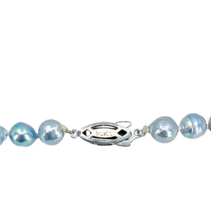 Baroque Blue Vintage Mid Century Japanese Saltwater Cultured Akoya Pearl Necklace - Silver 17 Inch