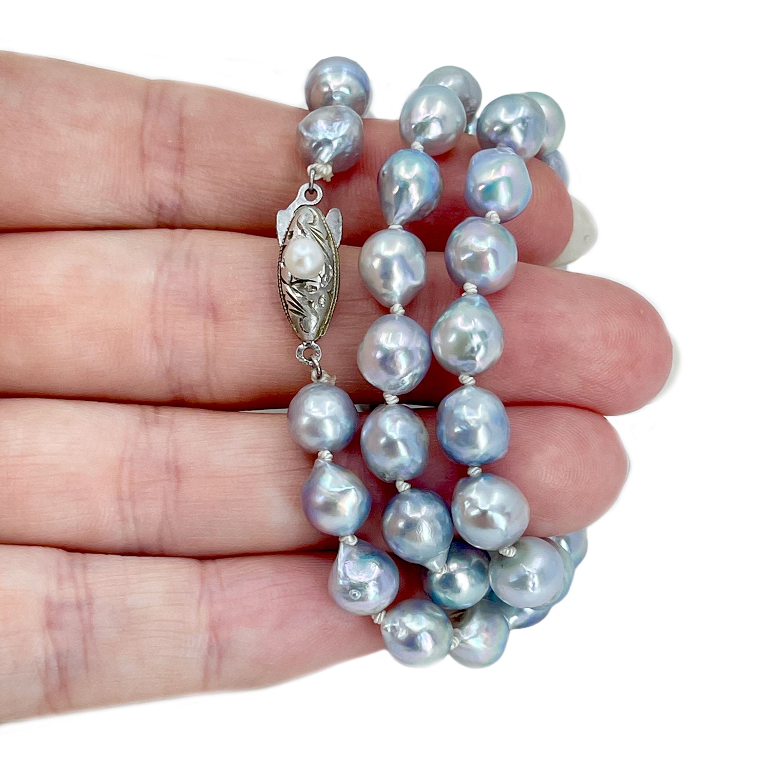 Baroque Blue Vintage Mid Century Japanese Saltwater Cultured Akoya Pearl Necklace - Silver 17 Inch