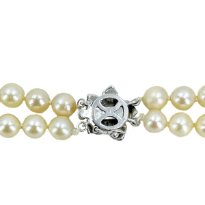 Sapphire Choker Double Strand Japanese Saltwater Cultured Akoya Pearl Vintage Choker Necklace - 14K White Gold 15.50 & 16.75 Inch