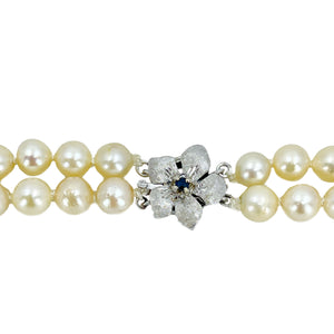 Sapphire Choker Double Strand Japanese Saltwater Cultured Akoya Pearl Vintage Choker Necklace - 14K White Gold 15.50 & 16.75 Inch