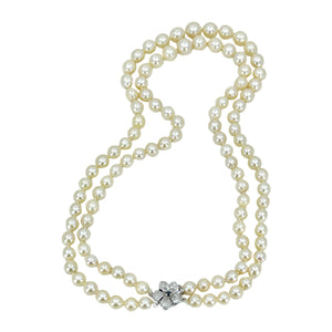 Sapphire Choker Double Strand Japanese Saltwater Cultured Akoya Pearl Vintage Choker Necklace - 14K White Gold 15.50 & 16.75 Inch