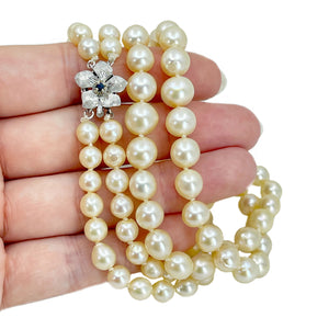 Sapphire Choker Double Strand Japanese Saltwater Cultured Akoya Pearl Vintage Choker Necklace - 14K White Gold 15.50 & 16.75 Inch